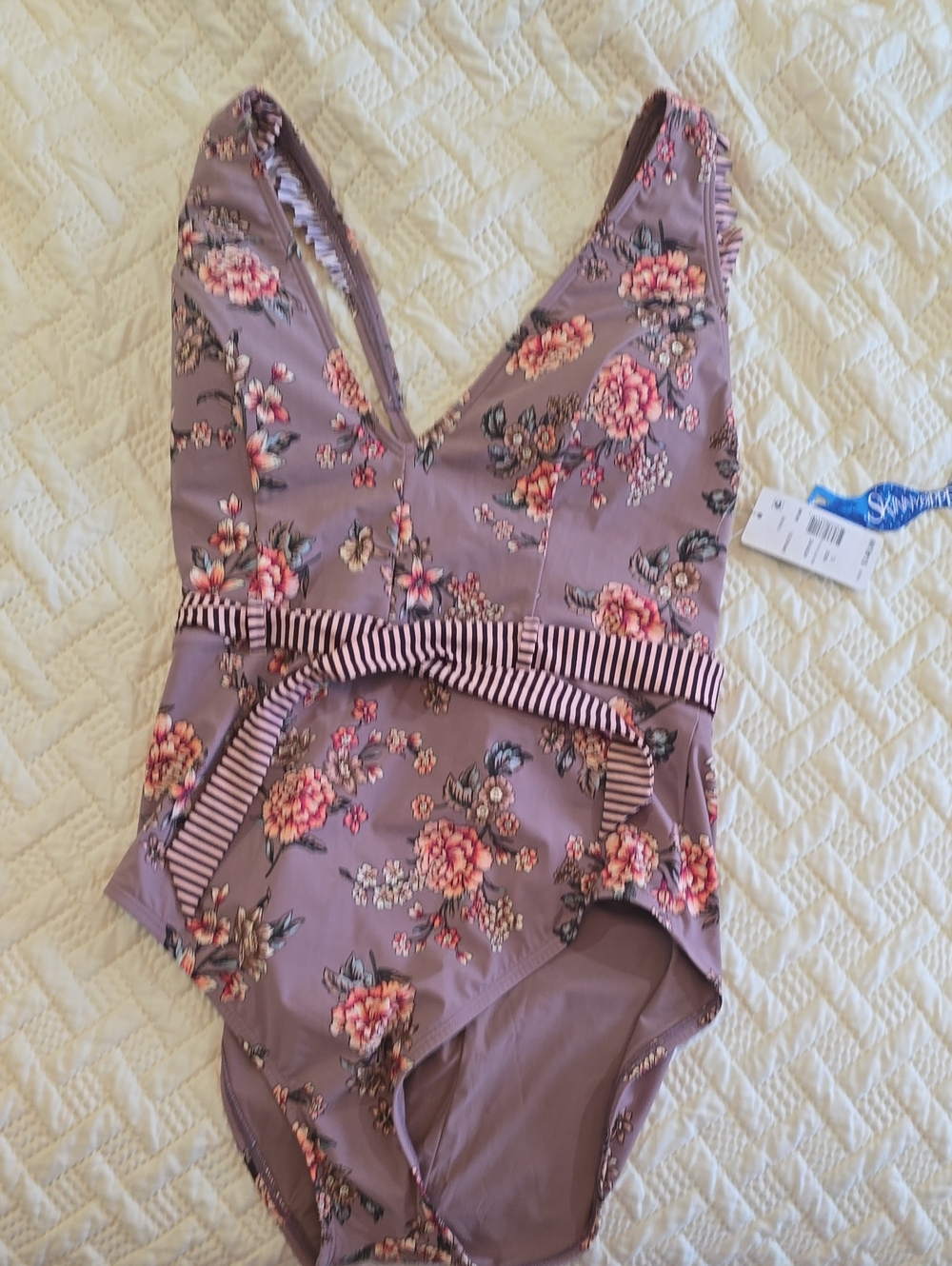 SkinnyDippwers Deep V Floral One‑Piece Swimsuit with Striped Waist Tie